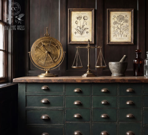 Moody apothecary-style cabinet painted in a deep green finish with vintage brass hardware, styled with antique scientific decor, botanical prints, and dark wood paneling.