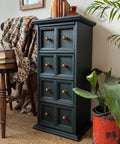 Dark green wooden cabinet with brass knobs in a home setting with a plant and books.