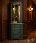 Green corner cabinet in a wooden room with 'Upcycled' branding.