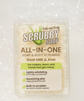 Scrubby Soap with goat milk and aloe on a textured white background