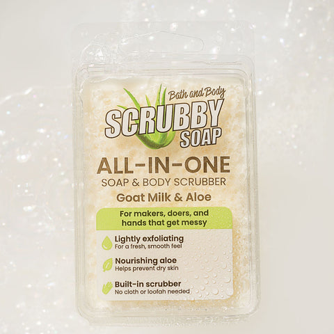Scrubby Soap with goat milk and aloe on a textured white background