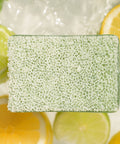 Lemon line Scrubby soap with suds surrounded by sliced lemons and limes on a white surface