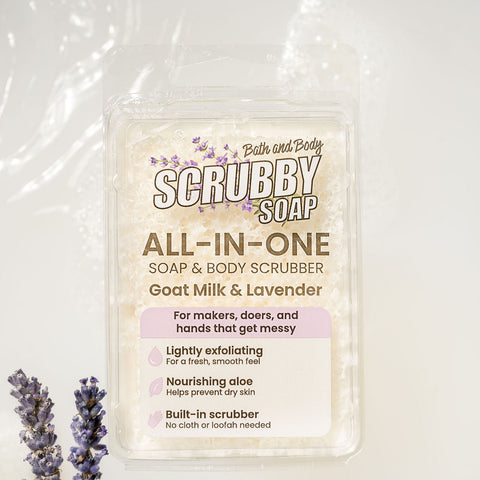 Scrubby Soap with lavender flowers on a white background