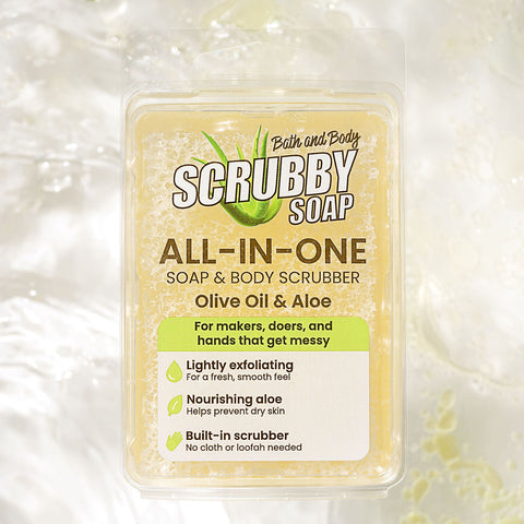Scrubby Soap with olive oil and aloe on a white background