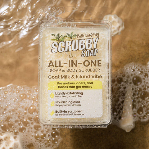 Scrubby Soap with a beach theme on a sandy background