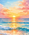 Decoupage of a watercolor painting of a beach sunset with blue ocean waves, pink and orange clouds, and the sun low over the horizon.