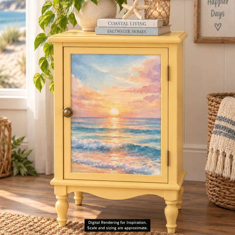 A small yellow cabinet with a large door panel showing an ocean sunset decoupage, styled in a bright room with books, a plant, and woven baskets. Label reads "Digital Rendering for Inspiration. Scale and sizing are approximate."