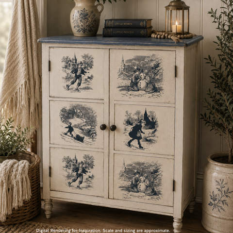 A vintage-style painted cabinet with six doors, featuring blue-toned illustrated scenes on an off-white distressed finish, styled in a cozy room setting with a blue top, books, a lantern, and potted plants.