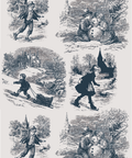 Vintage-style black and white winter illustration print featuring six scenes of children outdoors with snow globes, church spires, trees, and sleighs on a light background.