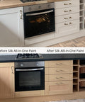before and after picture of lower kitchen cabinets that were painted with Silk All In One Mineral paint.  wicker baskets are to the right of the photo.