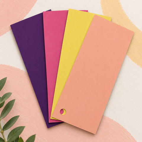 Four rectangular paper swatches in purple, pink, yellow, and orange, arranged in a fan shape on a light background with soft pink and yellow abstract shapes and a small green leaf at the lower left.