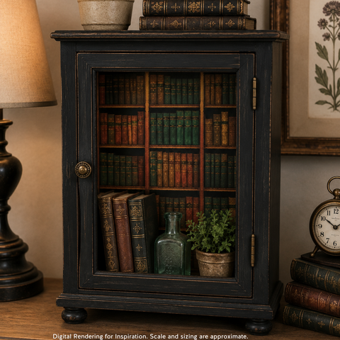 A dark rustic bookcase cabinet with a glass door, styled with vintage books, a small potted plant, and a glass bottle on a wooden table, flanked by a lamp and a clock.