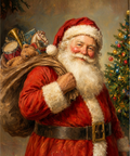A festive painting of Santa Claus in a red suit with white fur trim, carrying a large sack filled with toys, beside a decorated Christmas tree.