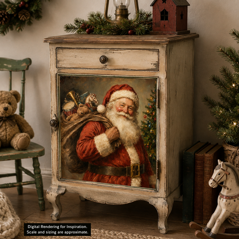 A vintage-style distressed wooden cabinet with a large Santa Claus portrait on the front door, shown in a decorated holiday room setting with a teddy bear on a chair, books, and a rocking horse.