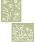 Image of the Wildflowers Silkscreen Stencil. One sheet is 6 different designs of wildflowers, such as dandelions and acorns, this sheet is in portrait orientation. The other sheet is of a cluster of wildflowers in landscape orientation.