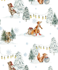 A watercolor pattern of winter woodland animals, including bears, a fox, and a squirrel in snowy trees with hanging warm lights and snowflakes on a white background.
