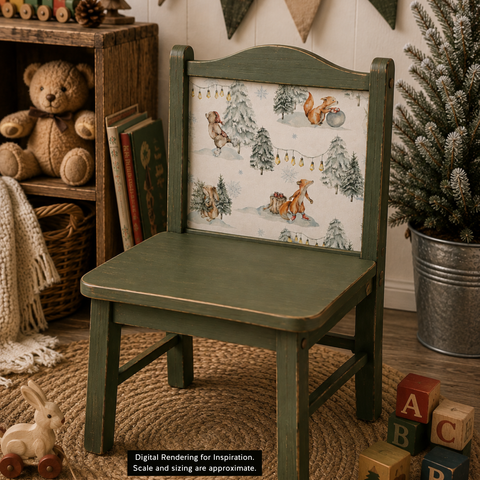 A rustic children's wooden chair with a distressed sage green finish and a winter woodland decoupage paper on the backrest showing bears, squirrels, and snow trees. The chair is styled in a cozy room setting with a teddy bear, books, a basket, and a potted evergreen tree.