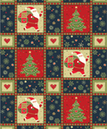 A Christmas patchwork-style pattern with red panels featuring green Christmas trees, cream panels with Santa Claus figures, dark blue panels with snowflakes and hearts, and olive border sections.
