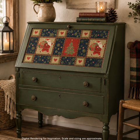 A rustic green secretary desk cabinet decorated with a Christmas-themed patchwork panel on the front. The cabinet features two drawers with round brass knobs and stands on turned legs.