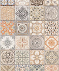 A collage of twenty four square tiles, each featuring intricate patterns and a variety of colors including blue, orange, and beige. The designs range from floral and geometric to abstract motifs, giving a vintage and artistic feel.