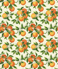Pattern of vibrant oranges with green leaves and white blossoms on a light background, arranged in a repeating design.