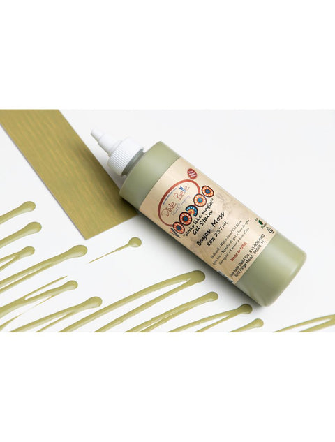 Image of Bayou Moss Voodoo Gel Stain bottle, next to it's respective stain sample card, along with lines of the stain on a white background.