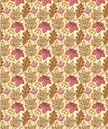 Three panels show floral patterns. The middle panel has a repeating pattern of small maple and fall leaves in pink and brown on a beige background.