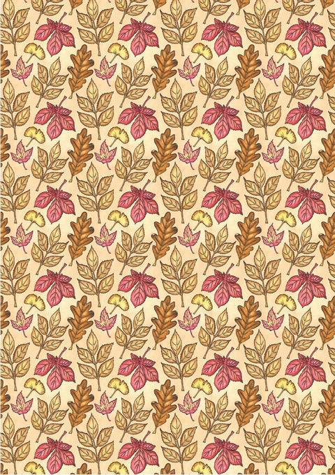 Three panels show floral patterns. The middle panel has a repeating pattern of small maple and fall leaves in pink and brown on a beige background.