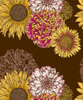 Three panels show floral patterns. The left and right panels feature large sunflowers, dahlias, and peonies with a brown and beige background respectively.