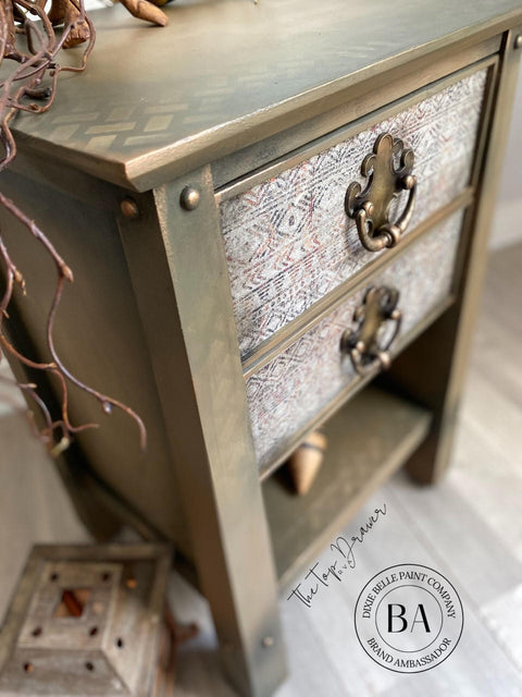 Belles and Whistles Ancient Mud Cloth - A1 Rice Decoupage Paper is a simple way to visually enhance any surface of your project! end table  painted gold with basket weave stencil and Ancient Mud Cloth decoupage on drawer faces.