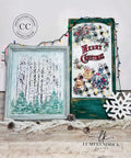 Belles and Whistles Birchwood - Stencil provides an extra decorative touch to any project! Picture frame with Birchwood - Stencil inside with pine trees painted In front. Staged next to green board with "MERRY CHRISTMAS " and ornaments around the words painted on. Christmas lights hang around both piece and pinecones lay in front of pieces.