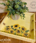 Belles and Whistles Cozy Sweater - Stencil provides an extra decorative touch to any project! A yellow tray that has a sunflower transfer on the inside bottom and featuring the cozy sweater stencil on all the sides of the tray.