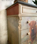 Belles and Whistles Cozy Sweater - Stencil provides an extra decorative touch to any project! An image showing a dresser painted with a rustic look and featuring the cozy sweater stencil on the top sides of the dresser.