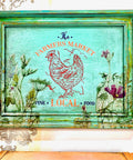 Belles and Whistles Farmhouse - Silkscreen Stencil provides an extra decorative touch to any project! Green picture frame with The Farmers Market, chicken, and Fine Local Food Silkscreen design applied in blue, orange and red.
