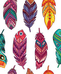 Belles and Whistles Feathers - Rice Decoupage Paper is a simple way to visually enhance any surface of your project!
This picture shows many very colorful feathers.  Each feather has many different colors and they are drawn in a very cartoonish way.  They definitely are not suppose to look like real feathers.  The feathers are just waiting to be used on our next do-it-yourself project.
