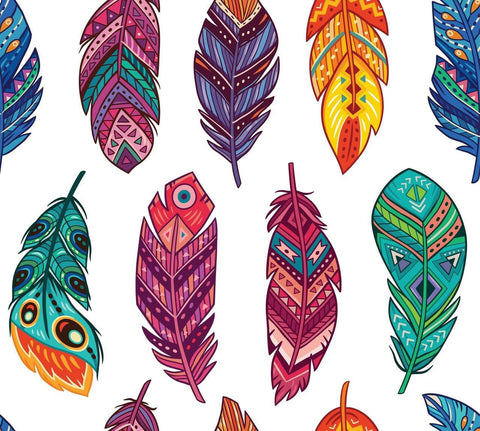 Belles and Whistles Feathers - Rice Decoupage Paper is a simple way to visually enhance any surface of your project!
This picture shows many very colorful feathers.  Each feather has many different colors and they are drawn in a very cartoonish way.  They definitely are not suppose to look like real feathers.  The feathers are just waiting to be used on our next do-it-yourself project.