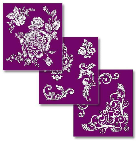 Belles and Whistles Floral - Silkscreen Stencil provides an extra decorative touch to your project!
All 3 layouts of the Floral - Silkscreen Stencil, stacked diagonally overlaid each other.