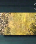 Belles and Whistles Greek Key - Stencil provides an extra decorative touch to any project! Canvas painted yellow with Steampunk - Silkscreen Stencil on both sides of painting with faded Greek Key- Stencil down the middle. Staged on Dark green wall.