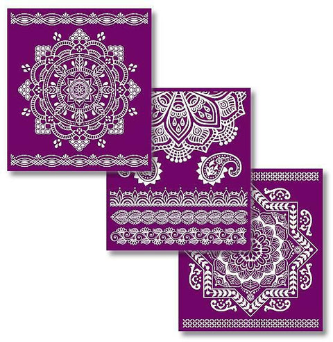 Belles and Whistles Mandala - Silkscreen Stencil provides an extra decorative touch to any project! Belles and Whistle Silkscreen Stencil Mandala shown in a three pack with different designs.