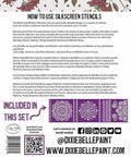 Belles and Whistles Mandala - Silkscreen Stencil provides an extra decorative touch to any project! Back of Silkscreen Stencil Mandala packaging with a how to use.