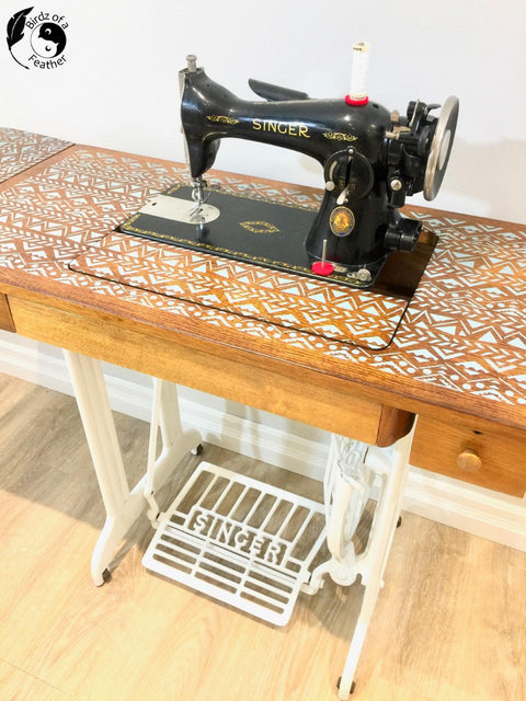 Belles and Whistles Mudcloth - Stencil provides an extra decorative touch to any project! Sewing machine with white painted Stencil on top.