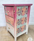 Belles and Whistles Native Rose - A1 Rice Decoupage Paper is a simple way to visually enhance any surface of your project! Red Ombre end table with teal distressing, and native rose decoupage on the sides.