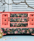 Belles and Whistles Peony Pattern - A1 Rice Decoupage Paper is a simple way to visually enhance any surface of your project! Coral pink painted dresser with  Peony Pattern Rice Decoupage Paper on the front of the drawers. Staged with ball of flowers.