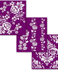 Belles and Whistles Roses - Silkscreen Stencil provides an extra decorative touch to any project! Shows an image of each silkscreen stencil in a full sheet. The first one has two designs mirroring each other with a single rose in the middle, leaves and vines on both sides with mini roses along it. The second shows roses and vines up and down. The third shows a damask design throughout.