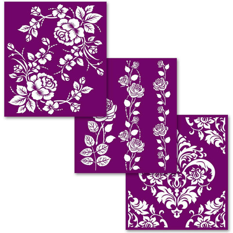 Belles and Whistles Roses - Silkscreen Stencil provides an extra decorative touch to any project! Shows an image of each silkscreen stencil in a full sheet. The first one has two designs mirroring each other with a single rose in the middle, leaves and vines on both sides with mini roses along it. The second shows roses and vines up and down. The third shows a damask design throughout.