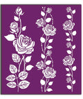Belles and Whistles Roses - Silkscreen Stencil provides an extra decorative touch to any project! A singular closeup of the second sheet with 3 rows of rose and vine design, all laying vertical.