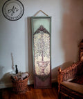 Large painted vertical wooden board. The Tuscan Olive Tissue Decoupage Paper has been applied on the front middle of the board with appliques applied above and below the design.