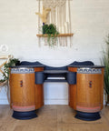 Navy blue painted and natural wood retro desk with two large cabinets on either end. The Bohemian Dream Transfer has been applied to the tops and bottoms of the cabinets.