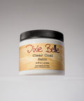 A container of Dixie Belle Clear Coat Satin, 16 fl oz (473 mL), with a black lid and a tan label, displayed against a neutral background.