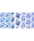 Three vertical panels of intricate blue and white floral patterns. The left panel features a dense floral design; the middle panel showcases larger flowers and birds; the right panel combines abstract flowers and leaves. All patterns have a traditional, ornate style.
